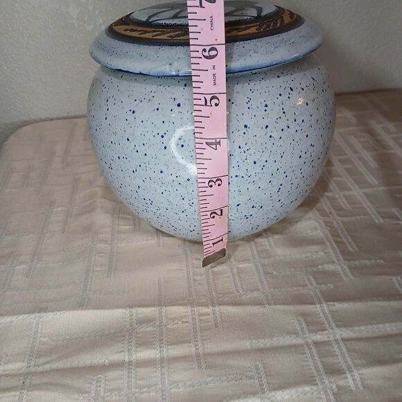 Asian Splatter Pottery Blue White Elk LidPot Jar Crock 7" Primitive Rustic Decor - Picture 6 of 7
